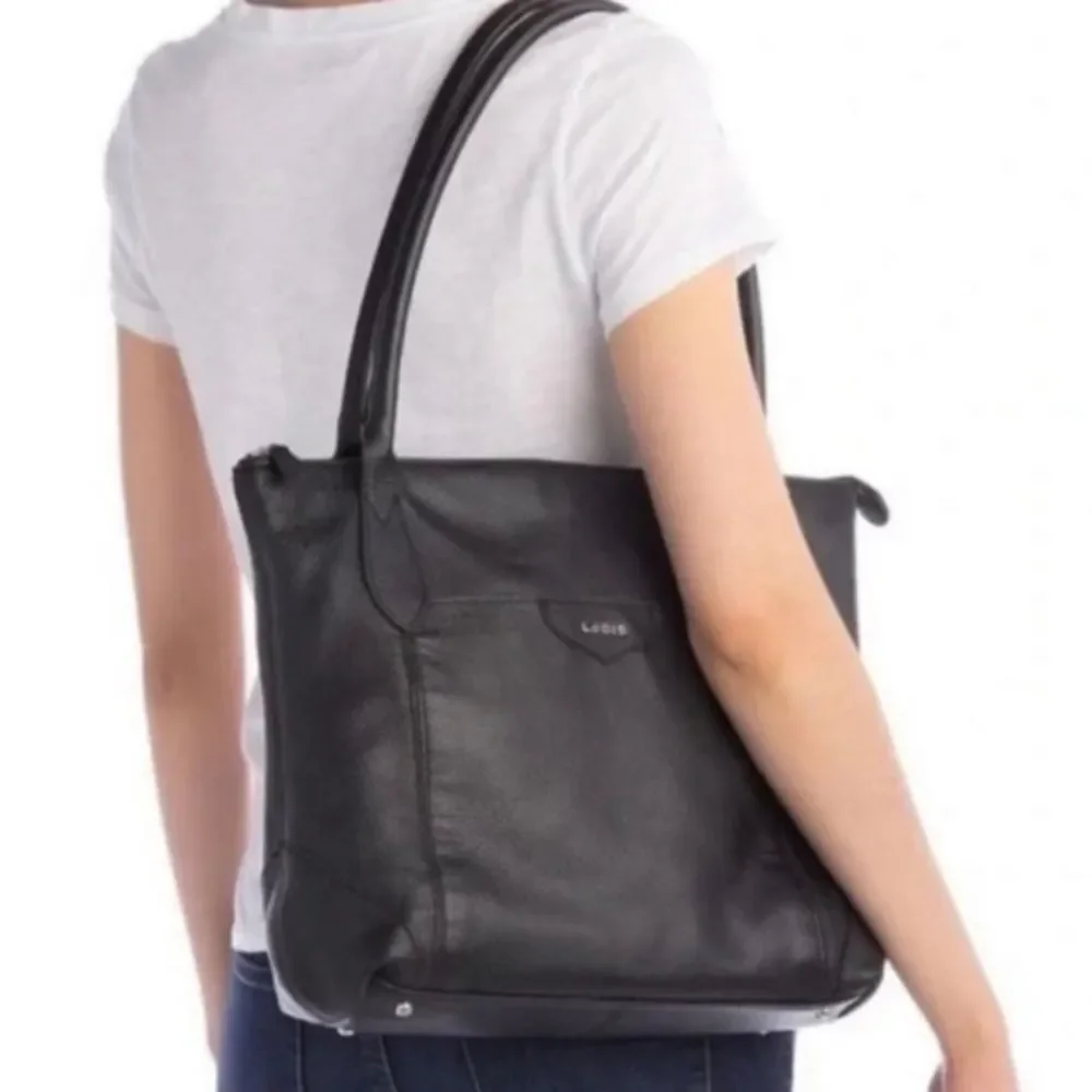 LODIS Large Black Leather Tote Bag